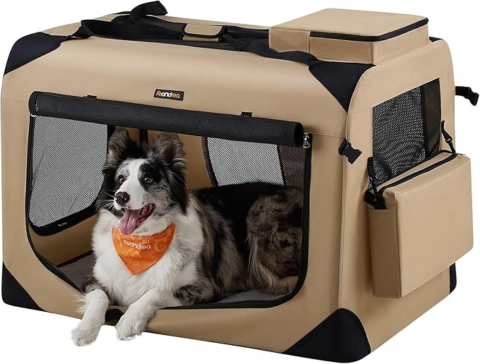 Feandrea 36 Inches Collapsible Soft Dog Crate, Portable Travel Dog Crate for Indoor and Outdoor Use, Dog Carrier Kennel with Safety Zippers, for Living Room, Car, Travelling,Camel Brown UPDC090K01