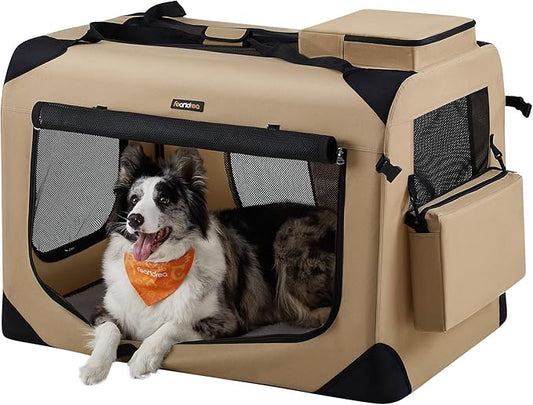 Feandrea 36 Inches Collapsible Soft Dog Crate, Portable Travel Dog Crate for Indoor and Outdoor Use, Dog Carrier Kennel with Safety Zippers, for Living Room, Car, Travelling,Camel Brown UPDC090K01