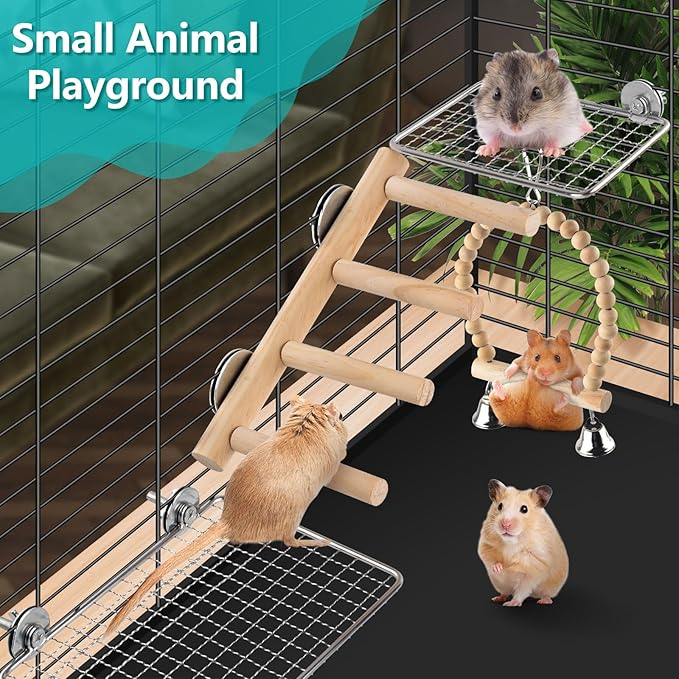 4Pcs Bird Perches Toys, Stainless Steel Perch Platform (2 Sizes), Natural Wood Parrot Climbing Ladder & Swing with Bell, Play Gym Cage Accessories for Budgie Cockatiel Lovebird Canary Conure