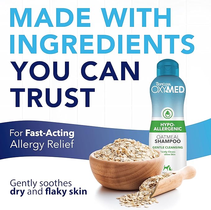 TropiClean OxyMed Hypoallergenic Dog Shampoo for Allergies and Itching, Skin Soothing Shampoo for Pets with Sensitive Skin, Tearless, Cat Safe, 20oz.