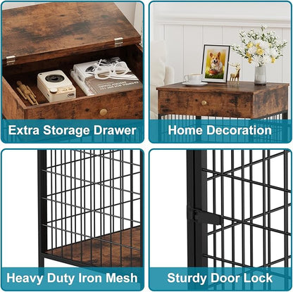 Small Dog Crate End Table,Dog Crate Furniture, Dog Kennel End Table with Storage Drawer, Chew-Proof Metal Fence, Lockable Door, Wooden Pet Cage Side Table Indoor