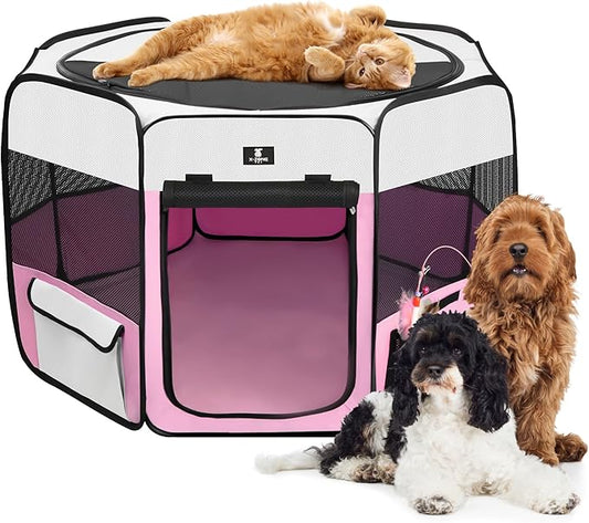X-ZONE PET Dog Playpen Portable Pet Play Pens for Puppies, Cat, Rabbit, Chicks, Foldable Exercise Play Tent Kennel Crate, Indoor/Outdoor Travel Camping Pink Large