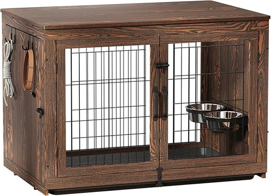 Piskyet Wooden Dog Crate Furniture with 360°Rotatable Removable Dog Bowls, Dog Crate End Table with Tray, Double Doors Dog Kennels for Dogs(XL:43.2" L*28.6" W*30.3" H, Rustic Style)