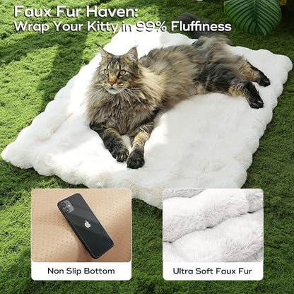 Plush Dog Bed Mat Faux Fur Cat Beds for Indoor Cats with Anti-Slip Bottom Kitten Self Warming Bed for Couch/Floor/Dog & Puppy Friendly 27 x 20 Inch Large White