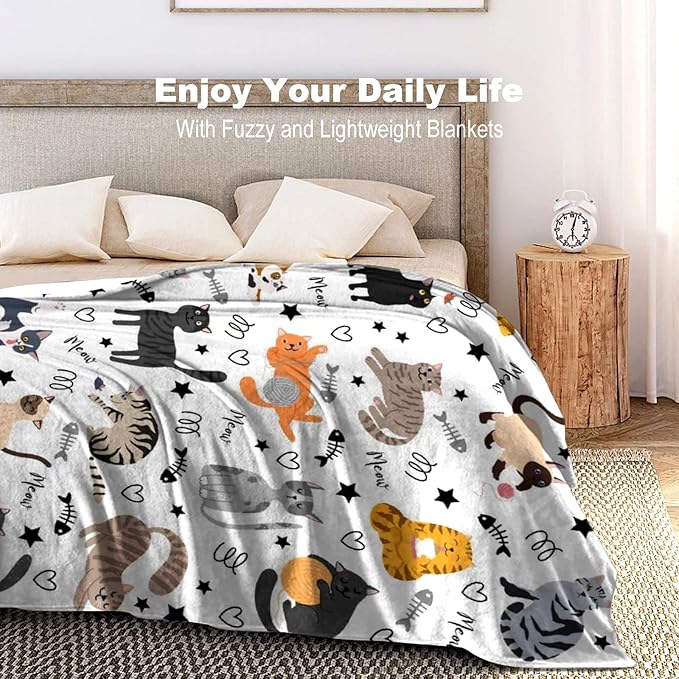 Cute Cat Blanket Animals Pet Pattern Gifts for Cat Lovers Soft Lightweight Flannel Throw Blankets for Kids Adults 80"x60"