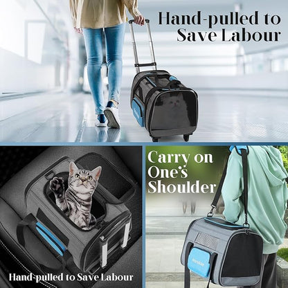 Cat Carrier with Wheels, Foldable, Airline Approved Pet Carrier for Dogs Cats Carrier Under 20 lbs, Soft Rolling Pet Carrier Travel Bag with Tie Rod for Hiking/Camping/Veterinary Visits