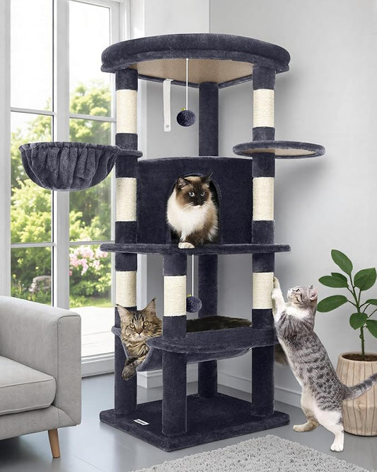Globlazer Corner Cat Tree Tower for Indoor Cats, 51in Multi-Level Cat Condo Tower with Large Hammock, 7 Sisal Scratching Posts, Oversized Top Perch, Spacious Cat Cave, Hanging Basket, C51, Dark Grey