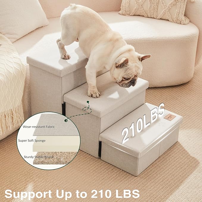 Love's cabin Dog Stairs for High Bed 18" H,Foldable Pet Stairs for Small Medium or Large Dogs Puppy with Storage for Bed or Couch, Cat Dog Steps Ramp with Zip up to 210 lbs(Beige,3 Steps no Condo)