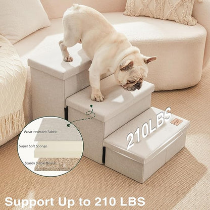 Love's cabin Dog Stairs for High Bed 18" H,Foldable Pet Stairs for Small Medium or Large Dogs Puppy with Storage for Bed or Couch, Cat Dog Steps Ramp with Zip up to 210 lbs(Beige,3 Steps no Condo)