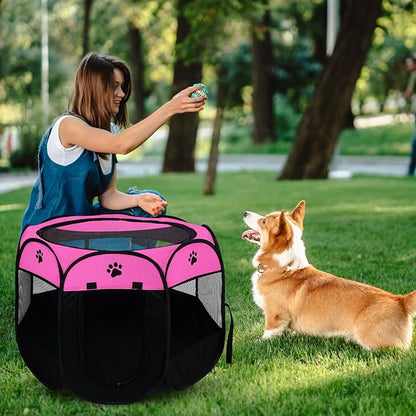 Dog playpen, Foldable Puppy Playpen, Pet Playpen Carrier Pop Up Tent 8-Panel Mesh Cover Adorable Design 600D Soft Oxford Playpen Kennel for Indoor-Outdoor Dog Cat Rabbit. (M 35" 35" 24", Rose)