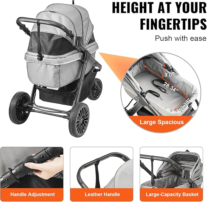 VEVOR Large Pet Stroller for Dogs Cats up to 75lbs, 3 Wheels Folding Cat Dog Stroller, Portable Pet Jogging Stroller with Storage Basket, Adjutable Handle Height and Zipperless Canopy