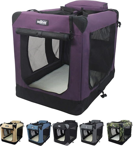 EliteField 3-Door Folding Soft Dog Crate with Carrying Bag and Fleece Bed (2 Year Warranty), Indoor & Outdoor Pet Home (42" L x 28" W x 32" H, Purple)