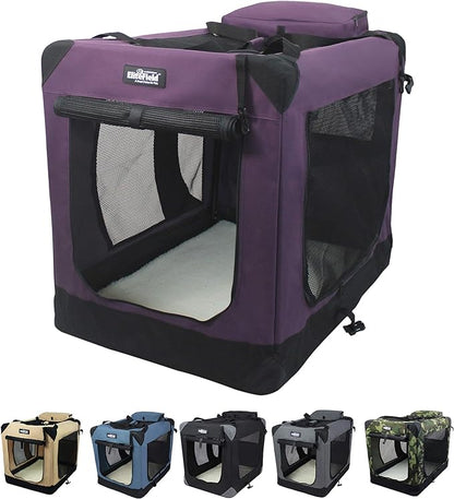 EliteField 3-Door Folding Soft Dog Crate with Carrying Bag and Fleece Bed (2 Year Warranty), Indoor & Outdoor Pet Home (30" L x 21" W x 24" H, Purple)