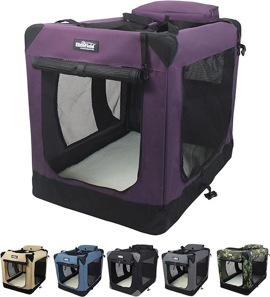 EliteField 3-Door Folding Soft Dog Crate with Carrying Bag and Fleece Bed (2 Year Warranty), Indoor & Outdoor Pet Home (30" L x 21" W x 24" H, Purple)