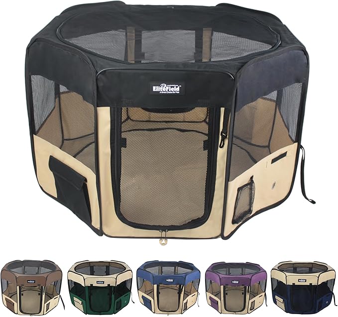 EliteField 2-Door Soft Pet Playpen (2 Year Warranty), Exercise Pen, Multiple Sizes and Colors Available for Dogs, Cats and Other Pets (62" x 62" x 24"H, Black+Beige)