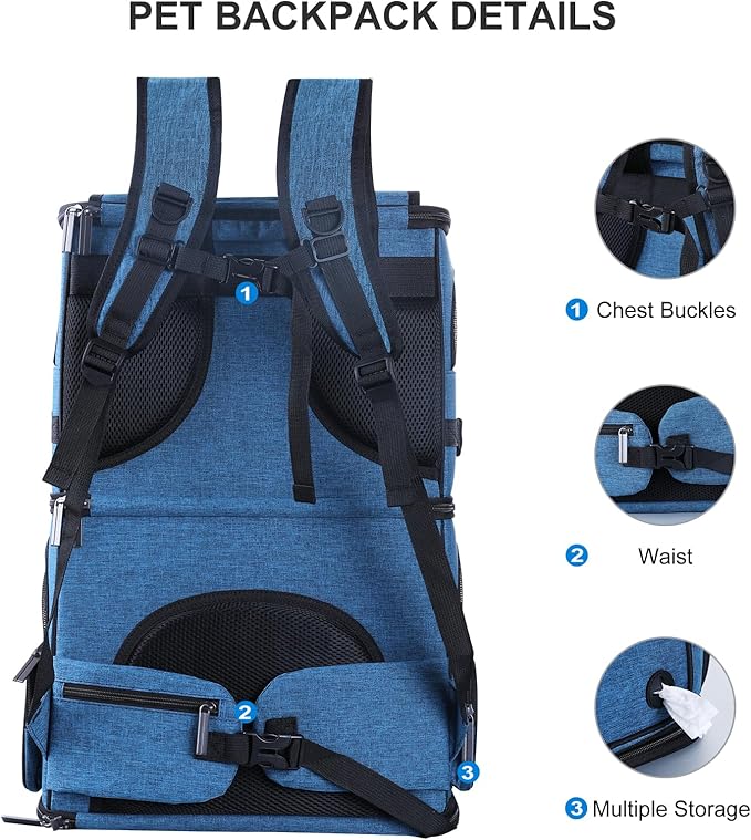 Double Cat Carrier for 2 Cats,Dog Backpack Carrier for Medium Dogs,Double Compartment Pet Carrier Backpack for Dual Pets,for Outdoor Traveling/Stroll and Picnic (Blue)