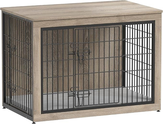 Piskyet Dog Crate Furniture with Cushion,Heavy-Duty Reinforced Metal Mesh,38" Wooden Dog Crate End Table with Double Doors,Indoor Dog Kennel,Dog Cage Side Table for Large Breed,Grey