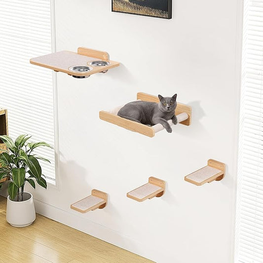 Space-Saving Cat Wall Shelves – Interactive Cat Wall Climber with Hammock & Dog Proof Feeding Station for All Indoor Breeds – Solid Natural Wood with Beige Carpet