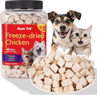 Just Try 7.05 oz Freeze Dried Chicken Cat & Dog Treats Food Topper Raw Single Ingredient High Protein Grain Free Healthy Dog Training Treats