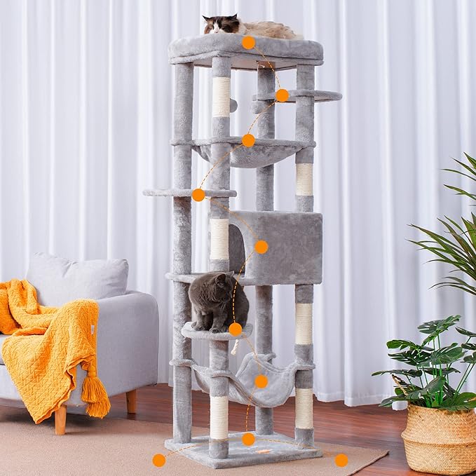 Heybly Cat Tree for Large Cats 20 lbs Heavy Duty,69 inches XXL Cat Tower for Indoor Cats,Multi-Level Furniture Condo with Big Padded Plush Perch,Cozy Basket HCT031W