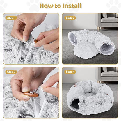 Odoland Cat Tunnel Bed with 20 Cat Toys - Indoor Plush Kitten Couch,Detachable Cats Cave Donut Tunnel & Soft Kitten Toy Set-Cozy Cat Furniture Grey