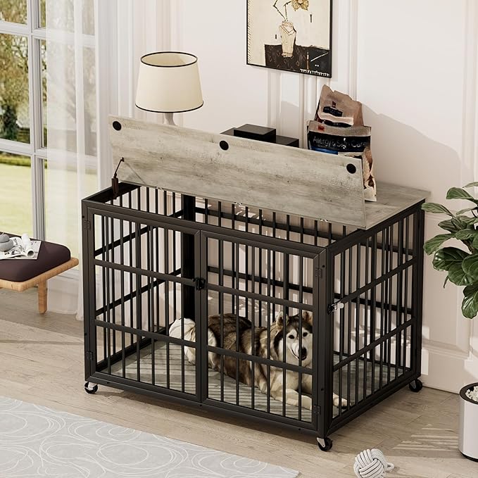 NicBex Dog Crate Furniture Dog Cage with Side Doors Opening, Dog Kennels for Inside Space, Wooden Dog Crate with Iron Doors and Lift Top for Medium and Small Dogs, Grey