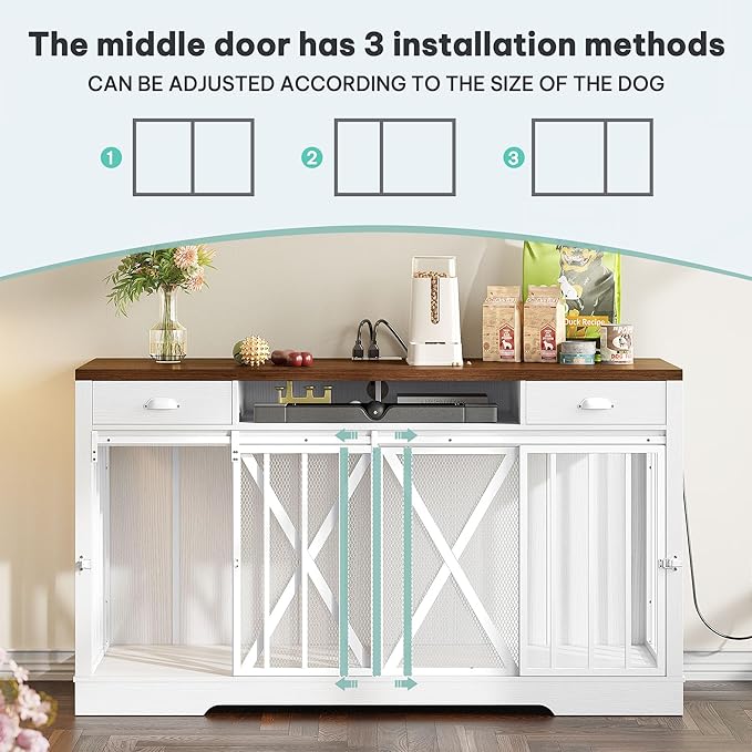 YITAHOME 63 Inch Double Dog Crate TV Stand with Charging Station, Heavy Duty Wooden Dog Crate Furniture for 2 Dogs, Dog Kennel Indoor Furniture Double Sliding Barn Door Design Ideal for 2 Dogs, White