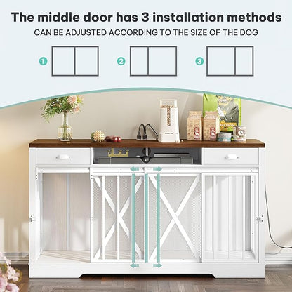 YITAHOME 63 Inch Double Dog Crate TV Stand with Charging Station, Heavy Duty Wooden Dog Crate Furniture for 2 Dogs, Dog Kennel Indoor Furniture Double Sliding Barn Door Design Ideal for 2 Dogs, White