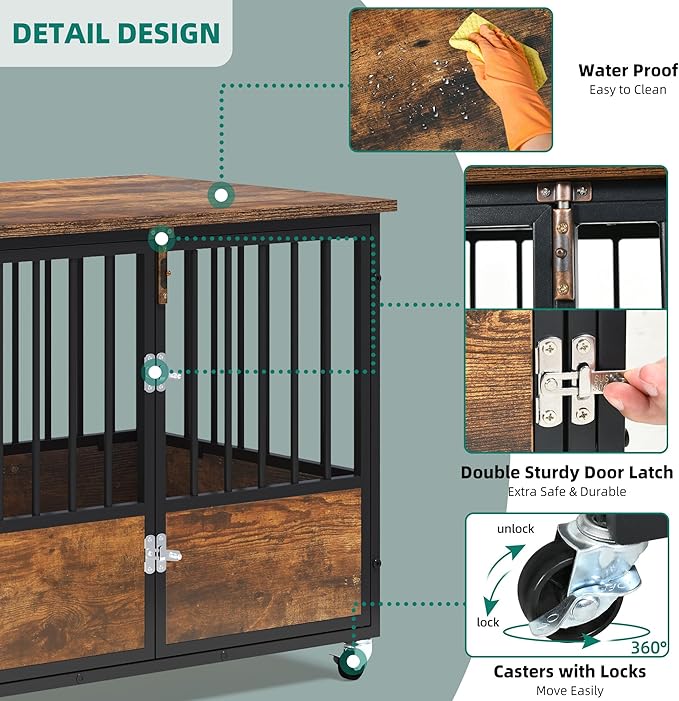 YITAHOME 38" Dog Crate Furniture with Wheels, Heavy Duty Wood Dog Cage Table with Double-Doors Chew-Resistant Wooden Dog Kennel Indoor for Large and Medium Dogs Rustic Brown