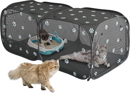 2-in-1 Dog Playpen 58''Pop Up Cat Pet Playpen, Assembly-Free Indoor Outdoor Kitten Enclosure, Breathable Cat Cage Portable Puppy Tent Crates Kennel for Small Animals(No Divider, Unified Space)