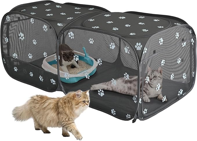 2-in-1 Dog Playpen 46.5''Pop Up Cat Pet Playpen, Assembly-Free Indoor Outdoor Kitten Enclosure, Breathable Cat Cage Portable Puppy Tent Crates Kennel for Small Animals(No Divider, Unified Space)
