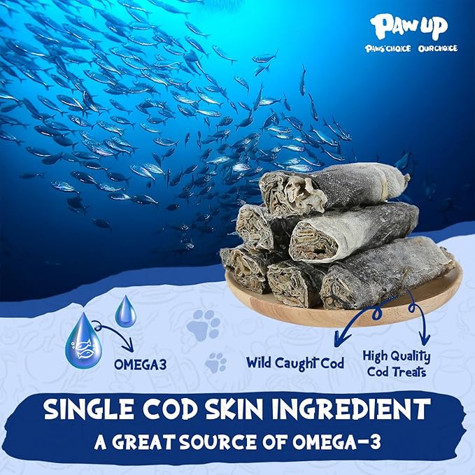 Cod Skin Dog Treats Natural Fish Skin Roll Dog Snacks w/Taurine, Single Ingredient Cod Skin Chews, Rich in Omega 3, 16.2 oz