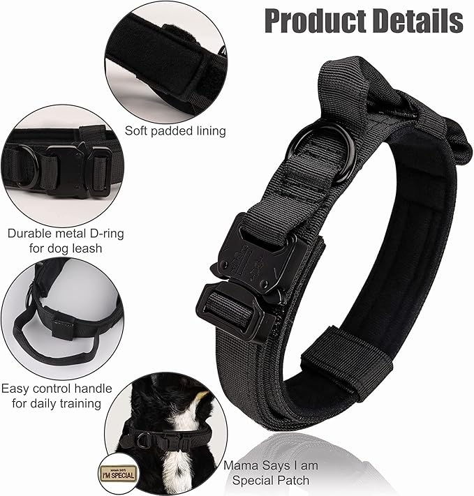 KCUCOP Tactical Dog Collar with Handle,Adjustable Military Dog Collar with Metal Buckle and Patches,Heavy Duty Dog Collars for Medium Dogs (Black-M)