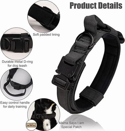 KCUCOP Tactical Dog Collar with Handle,Adjustable Military Dog Collar with Metal Buckle and Patches,Heavy Duty Dog Collars for Medium Dogs (Black-M)