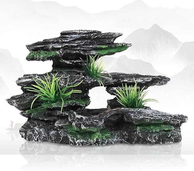 Aquarium Decor Mountain View Stone Ornament, Premium Landscape Fish Tank Decorations Large, Fish Tank Accessories, Ideal for Betta, Snails, Turtle, Hiding, Playing, Basking and Resting Spots