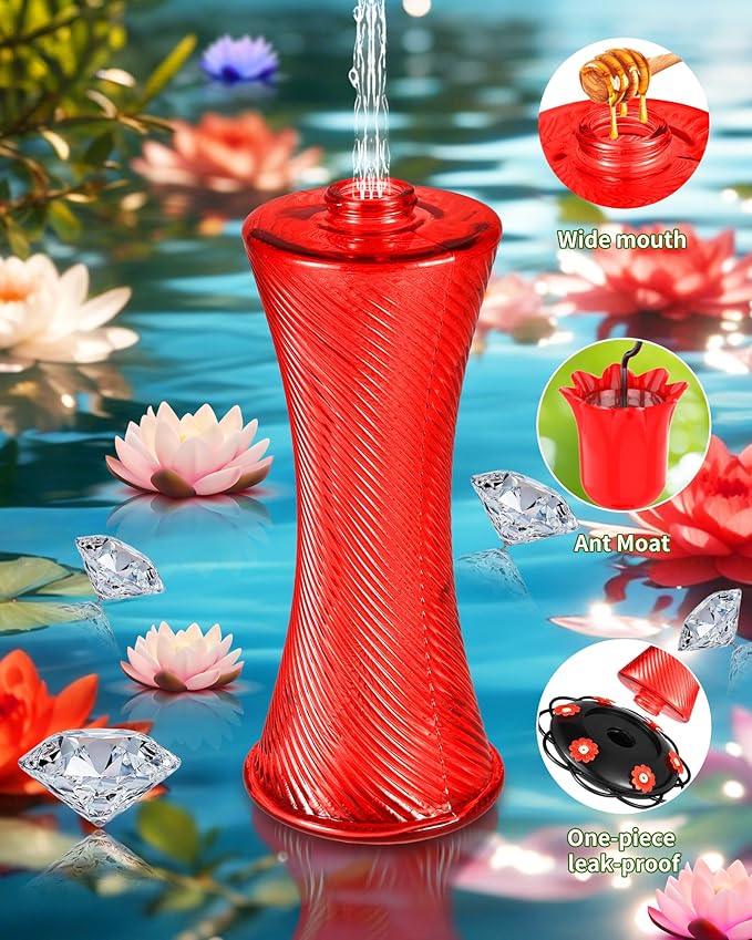 Hanging 20oz Glass Hummingbird Feeder with Moat, Small Outdoor Plastic Bird Feeder, Squirrel Proof, Ants, Outside Water Dispenser for Garden (Red Glass Bird Feeder-2)