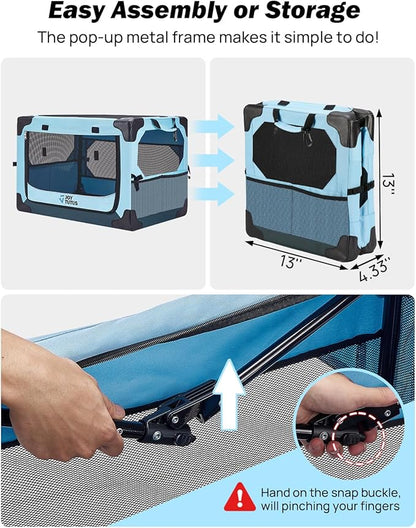 JOYTUTUS Collapsible Dog Crate, 20 Inch Portable Pet Crate for Car, Travel Foldable Crate for Puppy/Small Dog 18 lbs, Soft Cat Carrier Fit for Indoor & Outdoor/Car Back Seat/Trunk (Blue)