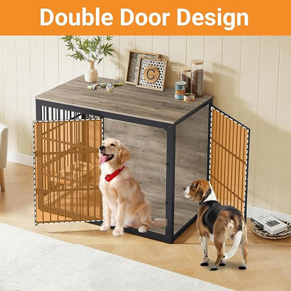 Dog Crate Furniture, 48 Inch Dog Kennel Furniture, Wooden _og Crate Furniture Large Breed with Rotating _og Bowls, Heavy Duty _og Cage Furniture Indoor,Decorative Dogs Crates End Table,Gray