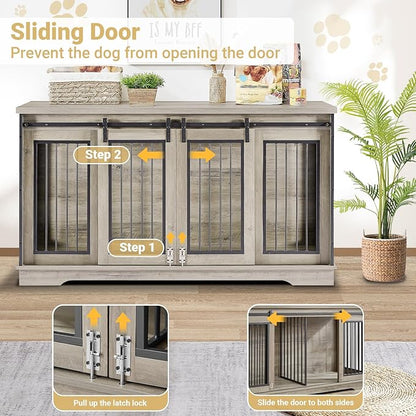 Rovibek 61 Double Dog Crate Furniture for 2 Dogs, Large Double Dog Kennel Furniture TV Stand, Furniture Style Dog Crates End Table, Wood Crates for Dogs Kennel Indoor Grey