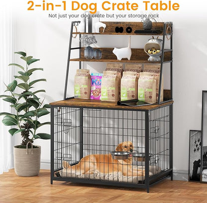 IDEALHOUSE Dog Crate Furniture,Flip-up Top Pet Crate Furniture,Indoor End Table Dog Cage with 3-Layer Storage Shelves,Dog Crates for Medium Dogs,Dog Kennel Furniture with Adjustable Bowls,Brown