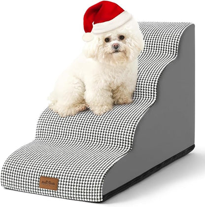 Dog Stairs for Small Dogs 19.7" H, Pet Step with Leakproof Cover, High Density Foam Cat Ramp for Bed, Couch or Sofa, Lightweight, Durable, Comfort, 15.7x28.3x19.7 inch, 4 Tiers, White Black