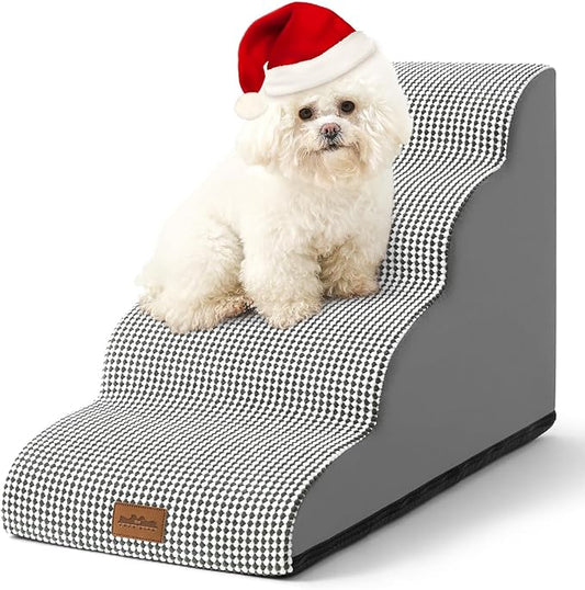 Dog Stairs for Small Dogs 19.7" H, Pet Step with Leakproof Cover, High Density Foam Cat Ramp for Bed, Couch or Sofa, Lightweight, Durable, Comfort, 15.7x28.3x19.7 inch, 4 Tiers, White Black