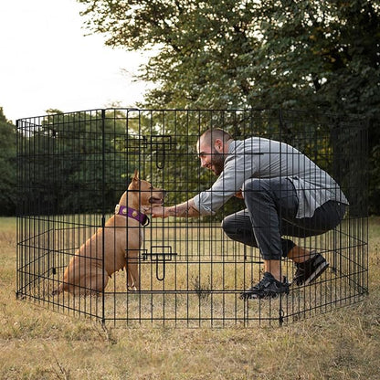 Dog Pen Pet Playpen Dog Fence Indoor Foldable Metal Wire Exercise Puppy Play Yard Pet Enclosure Indoor Outdoor 8 Panels 30 Inch with Bottom Pad/Top Cover(Black 30 top Cover)