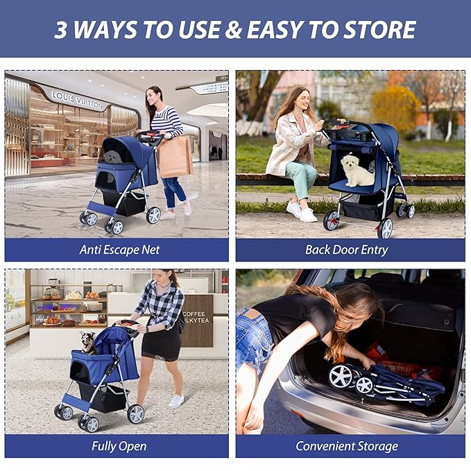 4 Wheels Pet Stroller for Small Medium Dogs Cats 33 lbs, Breathable Foldable Jogger Stroller with Storage Basket, Travel Puppy Stroller for All-Season, Move Pad & Protective Lock, Navy Blue