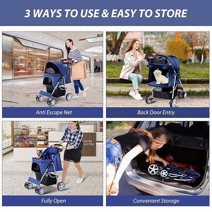 4 Wheels Pet Stroller for Small Medium Dogs Cats 33 lbs, Breathable Foldable Jogger Stroller with Storage Basket, Travel Puppy Stroller for All-Season, Move Pad & Protective Lock, Navy Blue