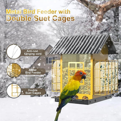 Bird Feeders for Outdoors Hanging, Metal Bird Feeder with Double Suet Cage Cake, Large Capacity, Birdfeeders Sturdy & Weatherproof, Easy to Clean & Refill, Great for Attracting Wild Birds
