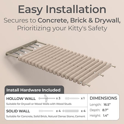 Wall Mounted Cat Perch Long Shelf by Pryde Pets - Floating Hammock Bed, 100% Sustainable PET Felt Feline Enrichment Climber Furniture for Indoor Cats, Modern Climbing Gym Jungle Design (Oatmeal)