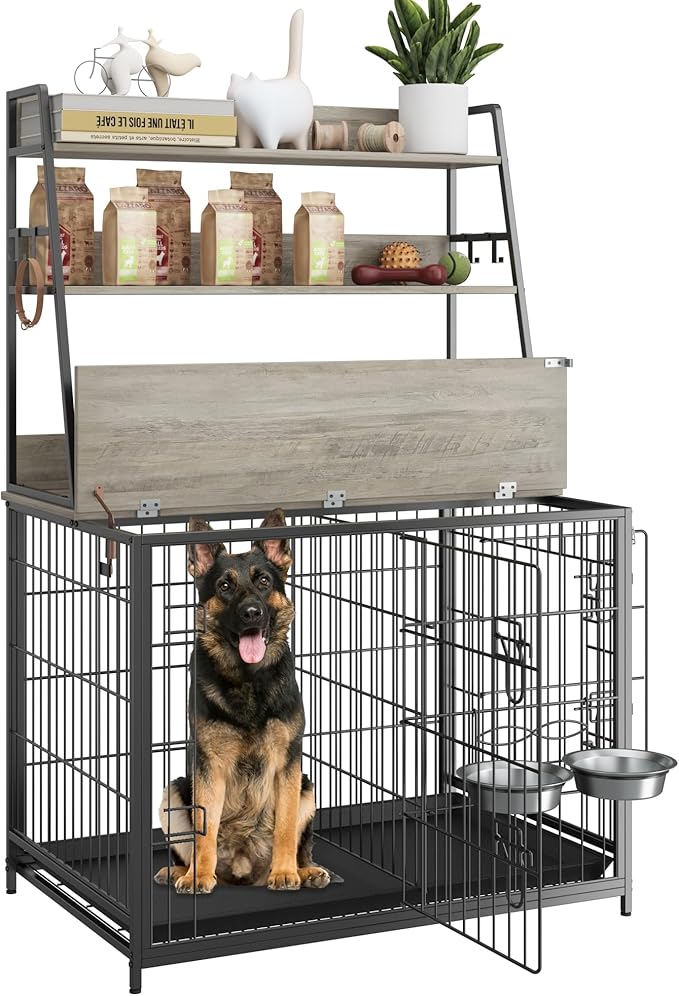 Dog Crate Furniture, 57 Inch Dog Kennel Furniture with Storage Shelves and Removable Tray, Indoor Dog House with 2 Doors and 2 Adjustable Bowls, Gray