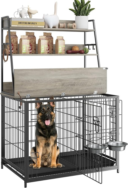 Dog Crate Furniture, 57 Inch Dog Kennel Furniture with Storage Shelves and Removable Tray, Indoor Dog House with 2 Doors and 2 Adjustable Bowls, Gray