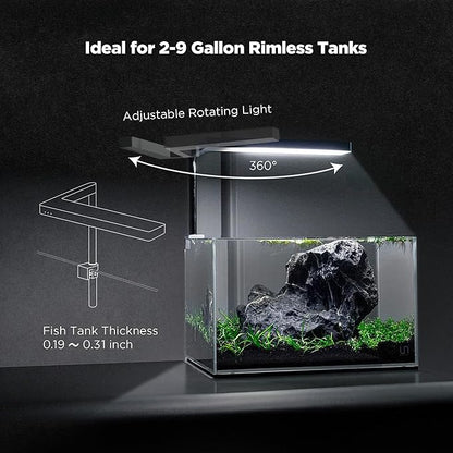 ONF Flat Nano+ 15W Full Spectrum Aquarium Light, Up to 20 Level Dimmable APP Controlled Light, IP54 Waterproof Light, Suitable for 2-9 Gallon Rimless Fish Tanks, Terrariums, & Potted Plants, Black